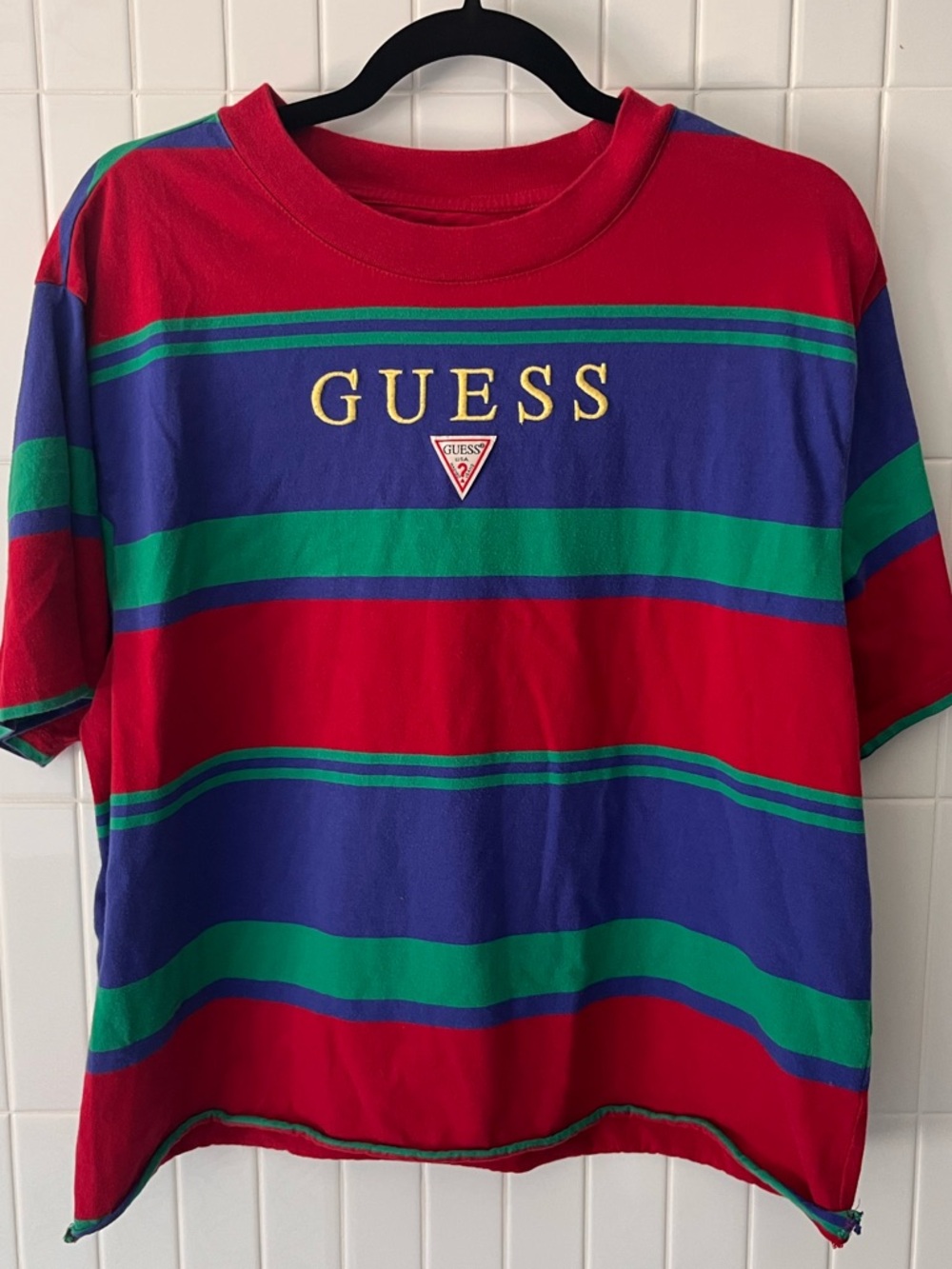 Vintage Guess Originals Striped Logo Tee | M | Red Blue Green | 90s